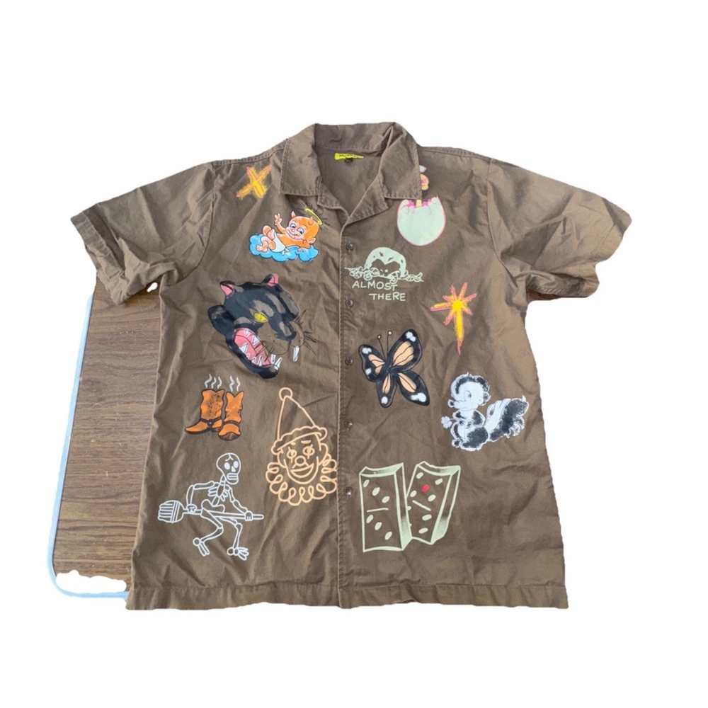 Market UO Urban Outfitters Shirt “Almost There”Button Down Brown L Double Sided